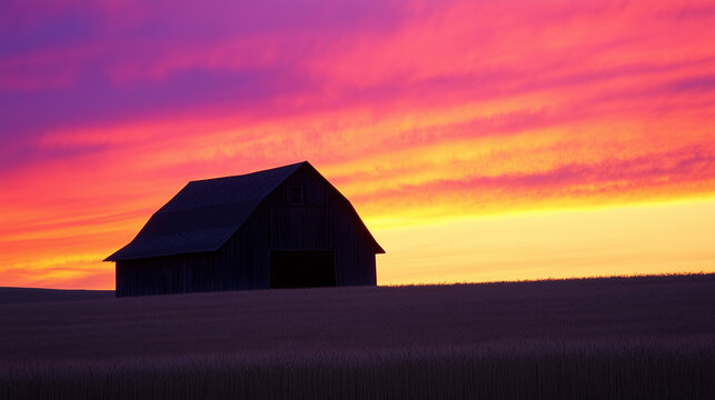 Rustic barn silhouetted against vibrant orange sky, evoking nostalgic charm and timeless countryside allure elegantly