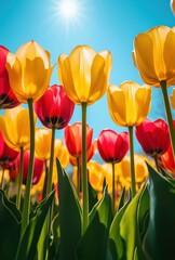 Vibrant Tulip Field Under Clear Blue Sky with Sunlight and Colorful Petals in Spring Season, Nature's Beauty Captured in a Lush Garden Display