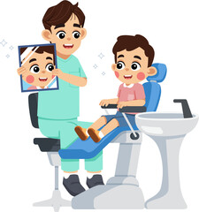 a Dentist Holding a Mirror for a Kid on Dental Patient Chair to See