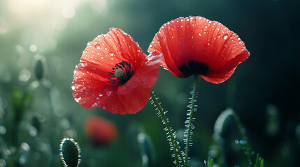 Obraz premium Two red flowers with dew on them in a field