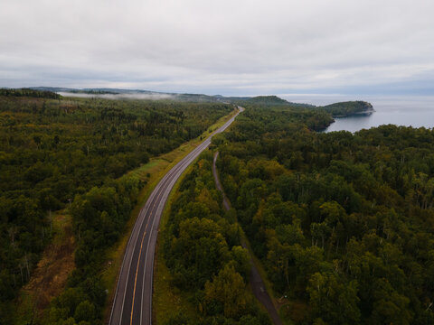 Aerial View of Highway 61 Along the North Shore of Minnesota Next to Lake Superior in Summer