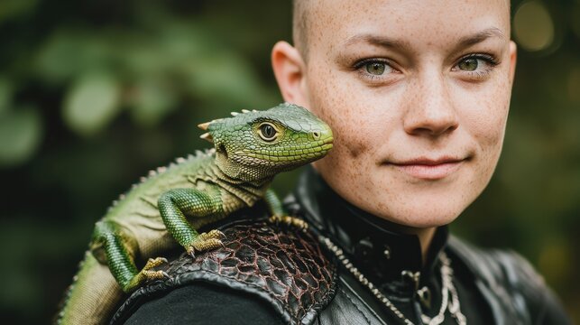 Close Encounter with a Reptile on a Person's Shoulder in Nature