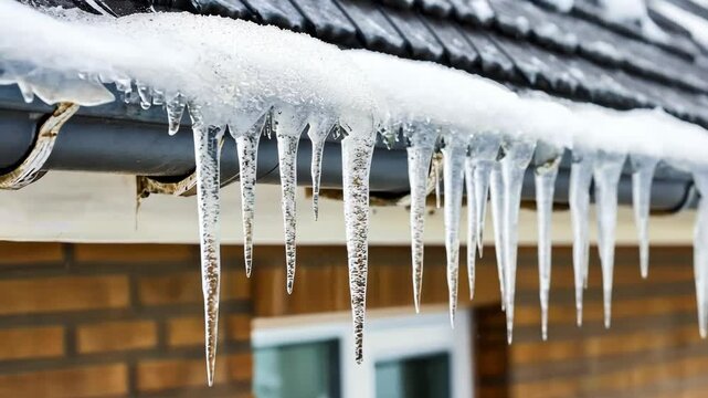 Icicles hanging from a roof during winter weather create a frosty scene near a brick house in a chilly neighborhood