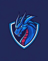 illustration of a blue dragon logo, framed by a shield