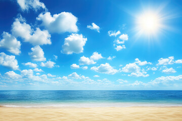 Fototapeta premium Sunny beach with clear blue skies, fluffy clouds, and gentle ocean waves on a bright day.
