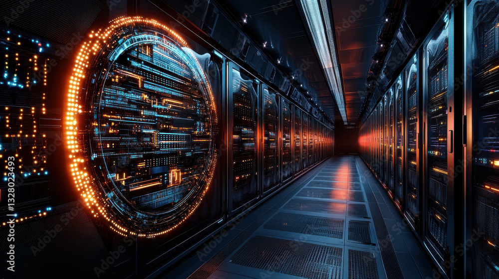 Aufkleber futuristic data center server room with glowing digital interface and advanced technology