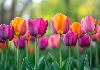 Obraz premium Vibrant Tulips in Bloom Showcasing a Colorful Display of Pink, Orange, and Yellow Blooms Amidst Lush Green Foliage in a Spring Garden Landscape