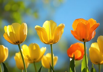 Vibrant Tulips in Bloom Showcasing Bright Yellow and Orange Petals Under Clear Blue Sky Amidst Soft Green Background