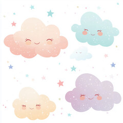 Four colorful clouds with smiling faces and stars scattered around them