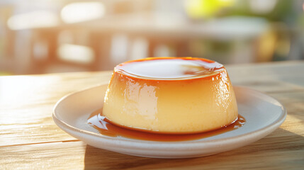 Whole Caramel Flan in Natural Sunlight Against Garden Background