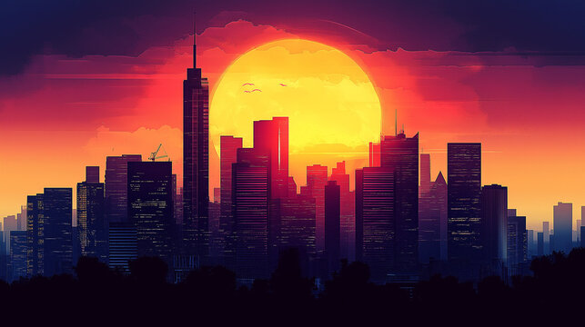 Striking city skyline silhouetted against vibrant hues, showcasing dynamic urban energy and modern architectural marvels