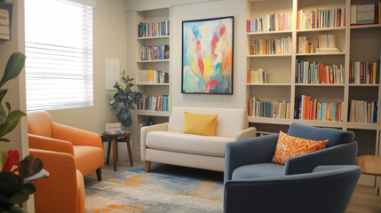 Well-organized mental health resource area featuring books, calming decor, and a welcoming modern therapeutic ambiance