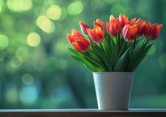 Vibrant Tulips in White Pot Against a Soft Green Background with Bokeh Effect Creating a Serene and Joyful Atmosphere for Home Decor