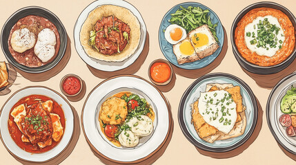 Digital illustration of cassava dishes, modern style, cultural cuisine with copy space