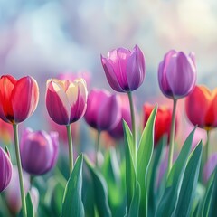 Fototapeta premium Vibrant Tulips with Varying Colors Blooming in a Radiant Garden Under Soft Natural Light in Spring Season