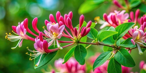 Aerial view reveals a vibrant honeysuckle vine, its pink blossoms a delicate spring spectacle.