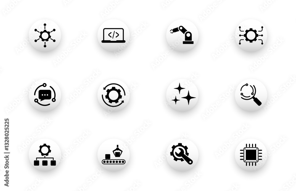 Poster solid vector icons with automation, robotic arm, engineering technology, smart search symbols.