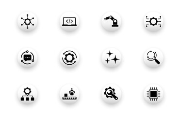 Naklejka premium Solid vector icons with automation, robotic arm, engineering technology, smart search symbols.