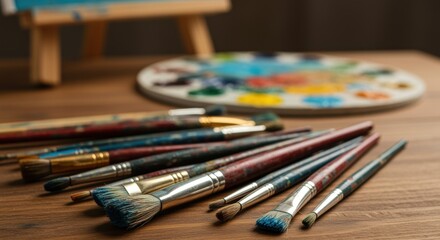 Fototapeta premium A collection of vibrant paintbrushes sits on a wooden table, with a colorful painter's palette in the background, capturing the essence of artistic creativity and expression.