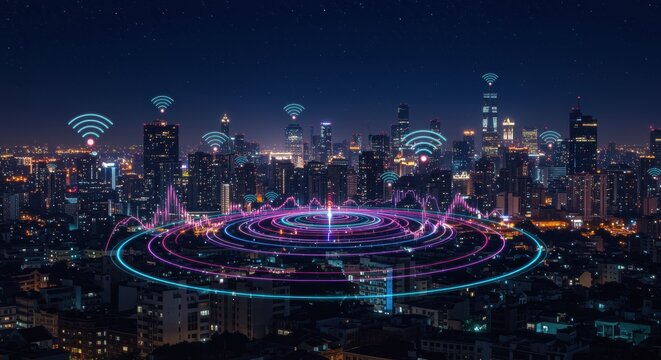 A vibrant city skyline at night with illuminated skyscrapers and a starry sky. Wi-Fi signals radiate in colorful waves, showcasing digital connectivity in urban life.