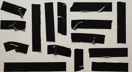 An arrangement of black tape pieces on a textured light surface, featuring various lengths and shapes, some wrinkled or torn, creating an intriguing visual composition.