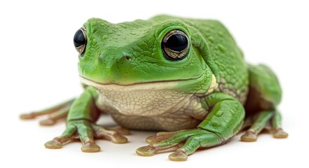Fototapeta premium A vibrant green frog with glossy skin and large, expressive eyes, showcasing its unique texture and color. An eye-catching specimen of nature, ideal for educational or decorative use.
