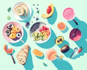 Vibrant breakfast spread kitchen table food photography colorful palette aerial view healthy eating concept
