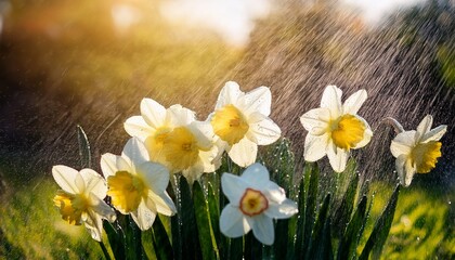 Watering white yellow daffodils, spring sunshine and waterdrops. April showers bring may flowers.