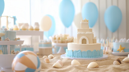 Beach themed birthday celebration with enchanting sandcastle decorations and vibrant coastal party atmosphere for joy