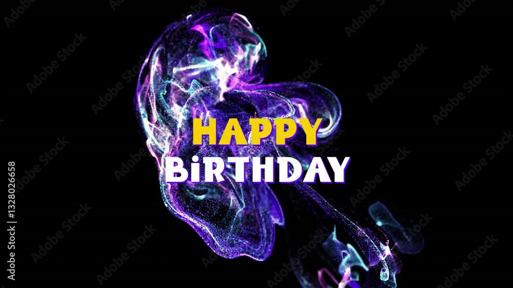 Poster animation of colorful abstract shapes with happy birthday text on black background