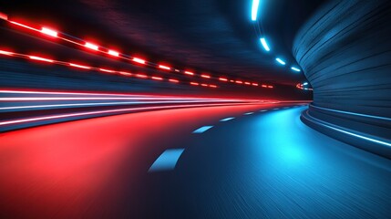 Neon-lit tunnel road, speed effect