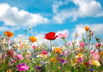 Naklejka premium Vibrant Wildflower Meadow Under a Blue Sky with Fluffy Clouds, Featuring Colorful Blossoms in Various Shades and Textures Spreading Across the Landscape