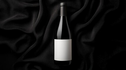 Elegant black wine bottle with a blank label rests on a dark fabric. Perfect for mockups or showcasing your brand.