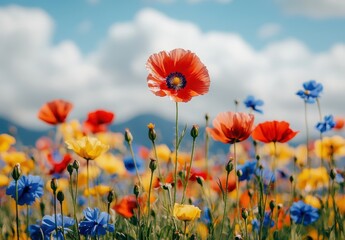 Fototapeta premium Vibrant Wildflower Meadow Under Bright Blue Sky with Colorful Mix of Red, Yellow, and Blue Blooms in a Scenic Nature Landscape