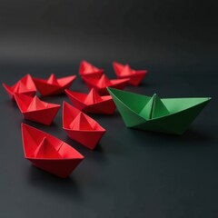 Green Origami Boat Stands Out Among Red Boats. Business Differentiation. Perfect for leadership training, strategic planning sessions, marketing campaigns