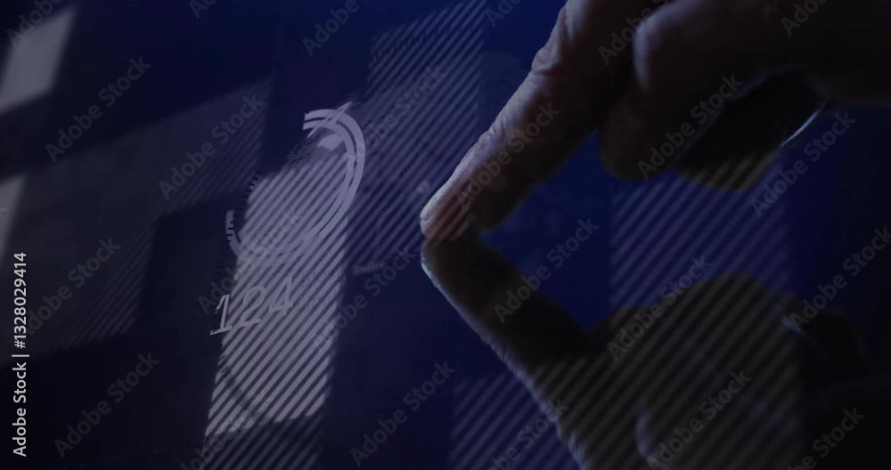 Poster interacting with animation, finger touching digital interface showing progress at 142
