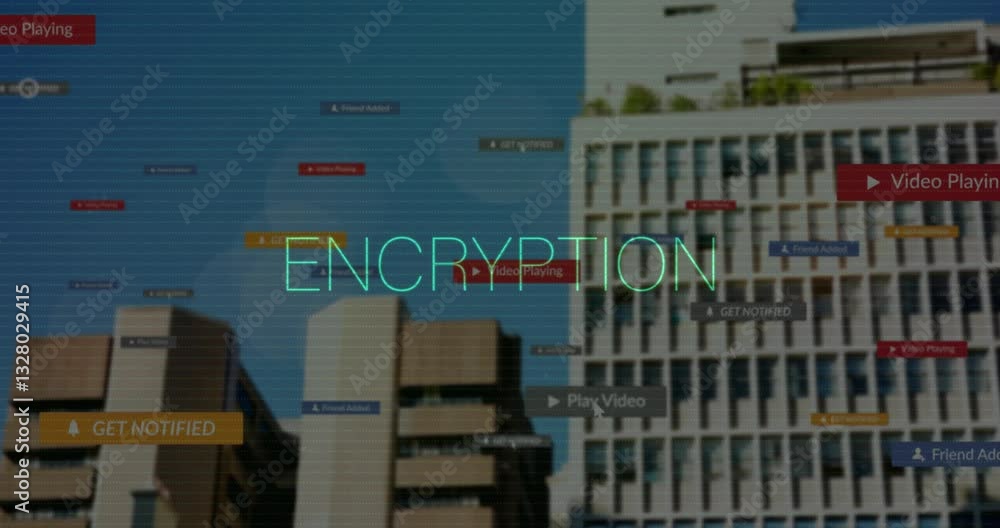 Poster encryption text animation over urban buildings with various notification labels