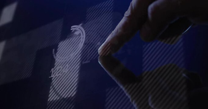 Interacting with animation, finger touching digital interface showing progress at 142
