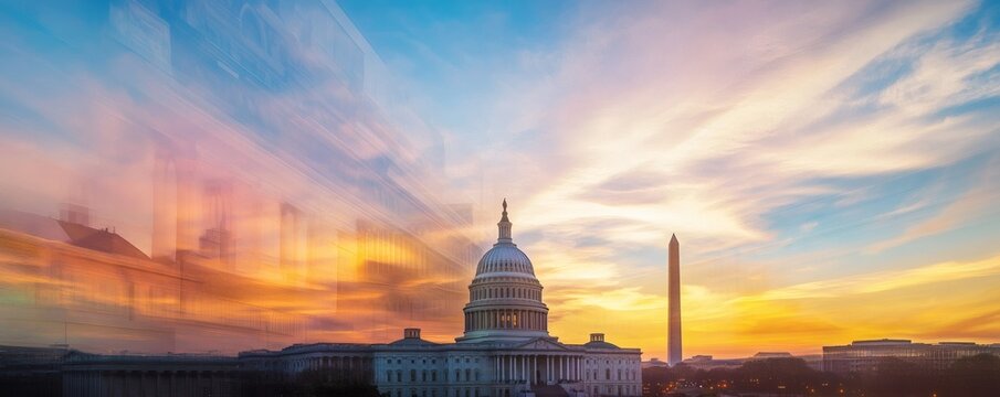 Fototapeta The capital building and monument under a colorful sunset sky