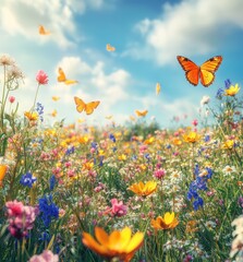 Obraz premium Vibrant Wildflower Meadow with Colorful Butterflies Flying Under a Bright Blue Sky with Fluffy White Clouds in a Picturesque Spring Landscape