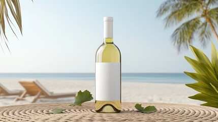 Obraz premium A bottle of white wine sits on a wicker table overlooking a tranquil beach. Palm trees sway gently in the background, creating a serene summer atmosphere.