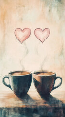 Sharing warm coffee hearts, cozy home, digital illustration, intimate setting, close-up view, love and connection concept