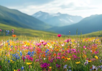 Obraz premium Vibrant Wildflower Meadow with Mountains in the Background Under a Bright Blue Sky and Soft Clouds Emphasizing Nature's Beauty and Serenity