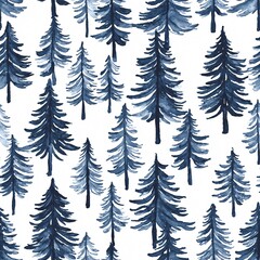 Obraz premium Watercolor Pine Tree Forest Pattern: Seamless Blue and White Background for Wallpaper and Textile Design