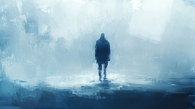 Mysterious Figure Emerging from a Soft Blue Palette Symbolizing Loneliness and Quest for Self-Discovery in a Blurred and Dreamlike Landscape