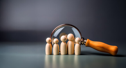 A magnifying glass is focused on wooden figures lined up in a row, implying close examination of individuals within a group or population.