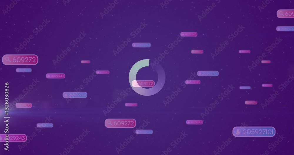 Poster animation of rotating circular graphic with floating numbers on purple background