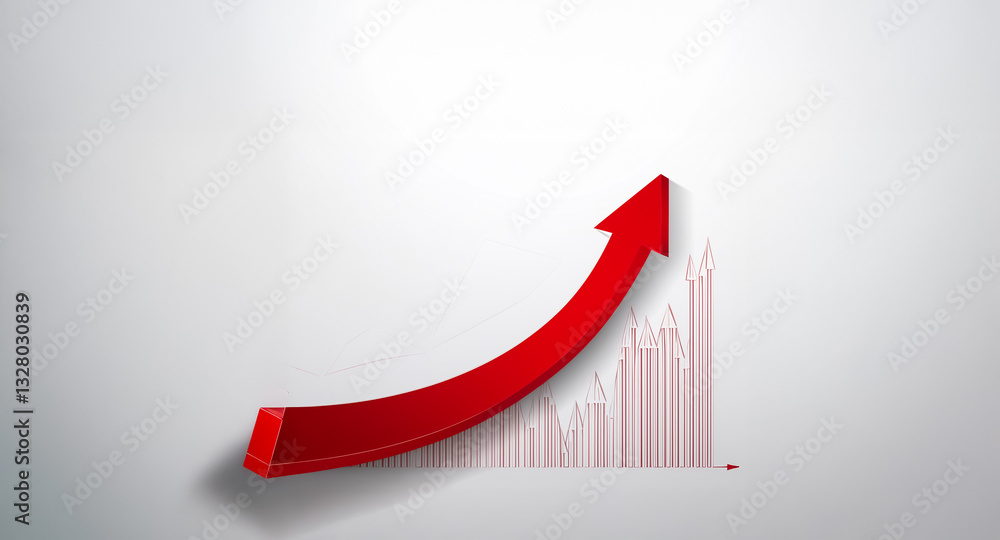 Poster red arrow curving upwards with bar chart in background, indicating growth and positive trend on a wh