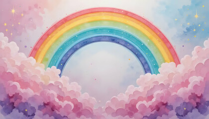 Watercolor Rainbow and Cloud Sky