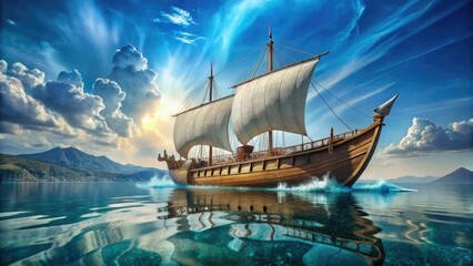 Ancient Greek warship, a double exposure reveals the azure sea and clashing shields, a testament to Athenian might.